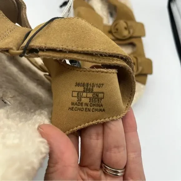 NWT Zara Leather Shearling Buckle Sling Back Flat Sandal Slipper Brown Cream 39 - Picture 6 of 8
